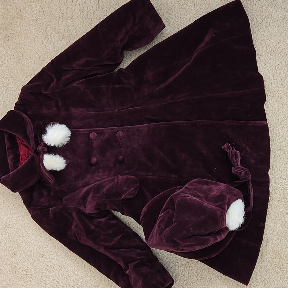 1980s Tailored by Rothschild Girl's Plum Velvet Jacket with Matching Hat Size 6